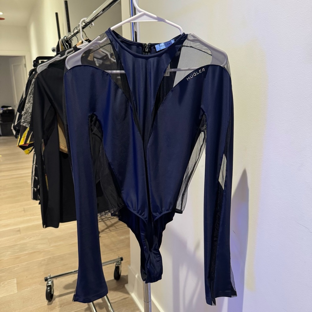 Mugler Illusion Sheer-Detail Bodysuit in Midnight Blue - Picture 2 of 5